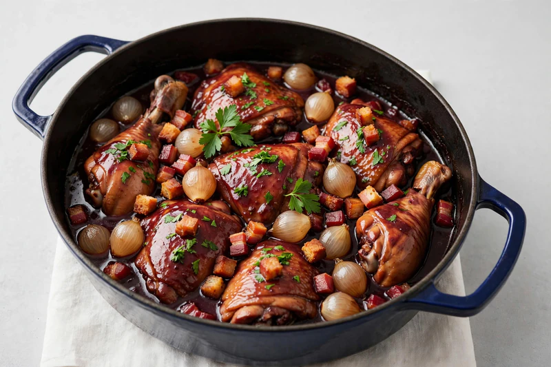 Coq au vin aux petits oignons
