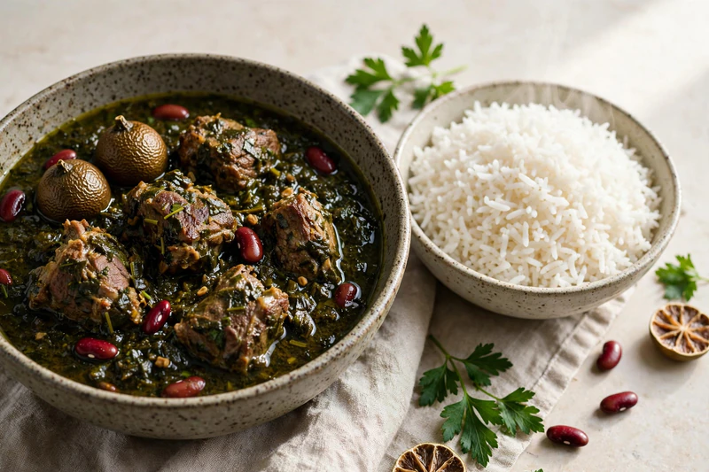Ghormeh sabzi iranien aux herbes et haricots