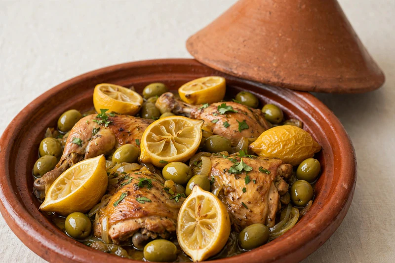 Tajine de poulet aux olives et citron confit