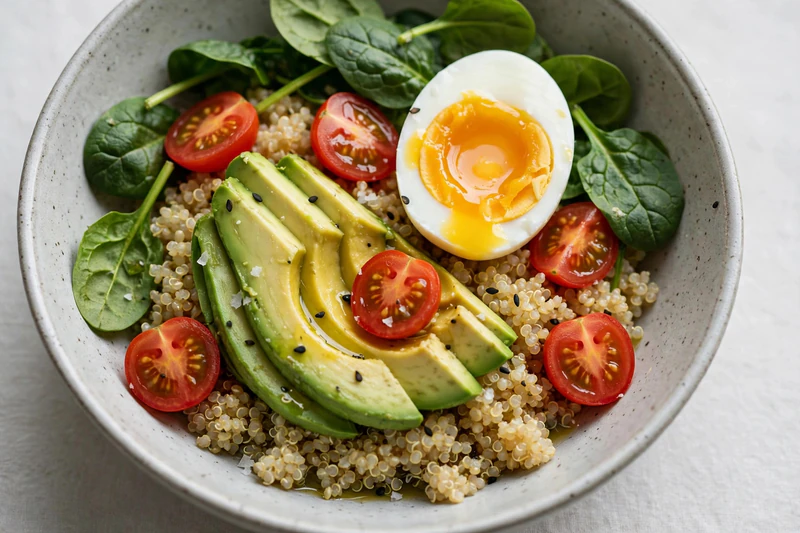 Bol déjeuner au quinoa, œuf mollet et légumes