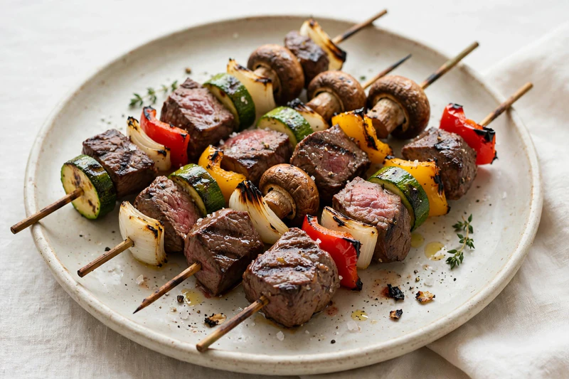 Brochettes de bœuf et légumes du marché