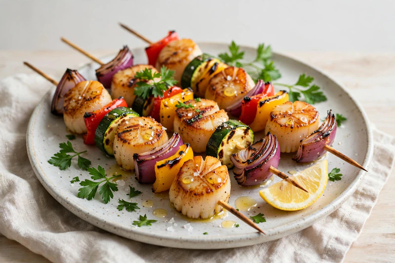 Brochettes de pétoncles et légumes grillés