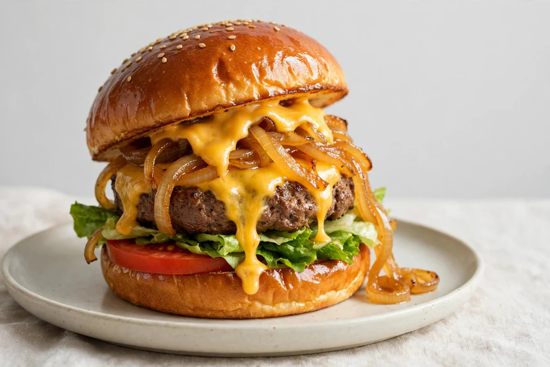 Burger de bœuf au cheddar d'ici et oignons caramélisés