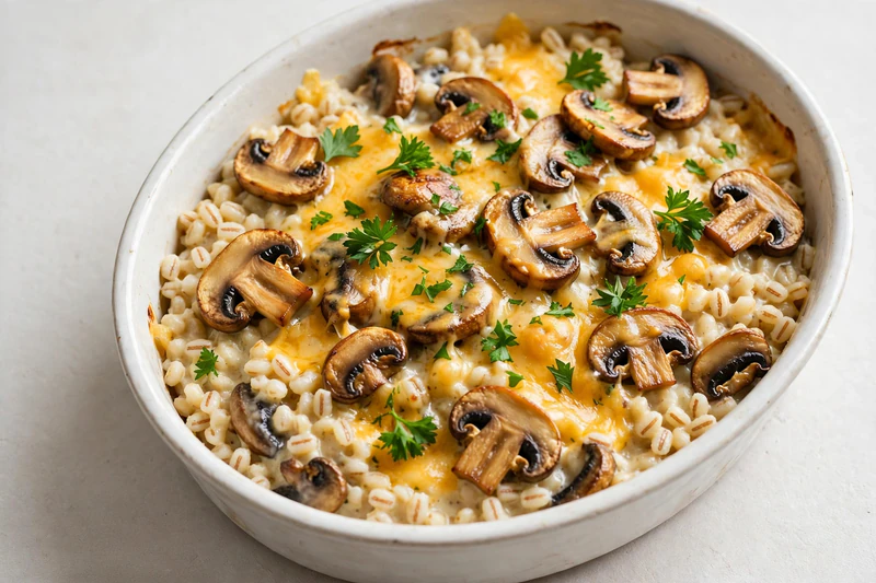 Casserole d'orge perlé aux champignons et au cheddar