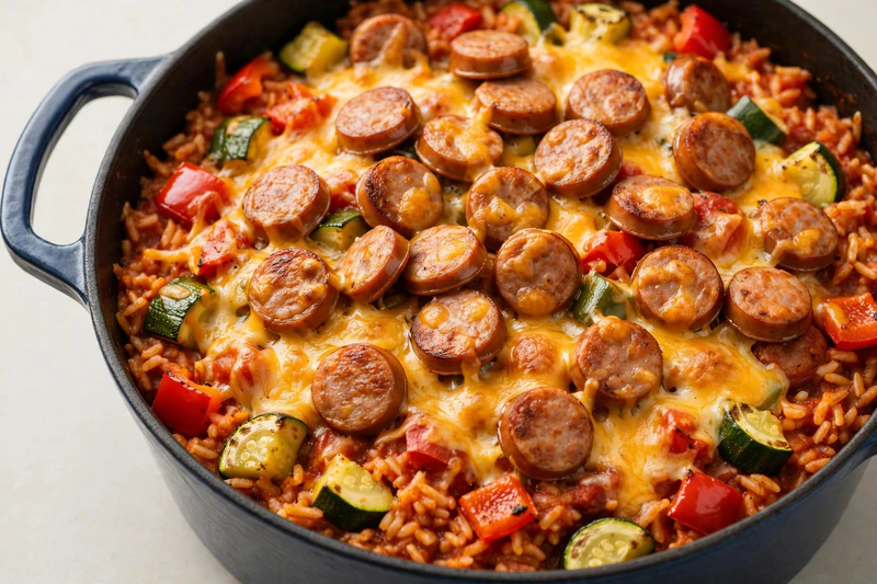 Casserole de riz, saucisses et légumes