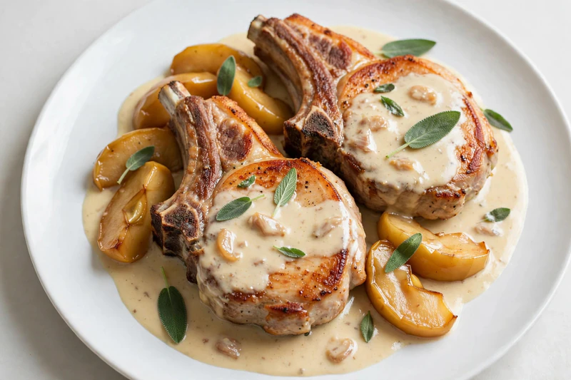 Côtelettes de porc, sauce pommes et cidre