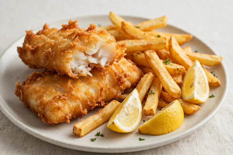 Fish and chips à la morue, pâte à la bière