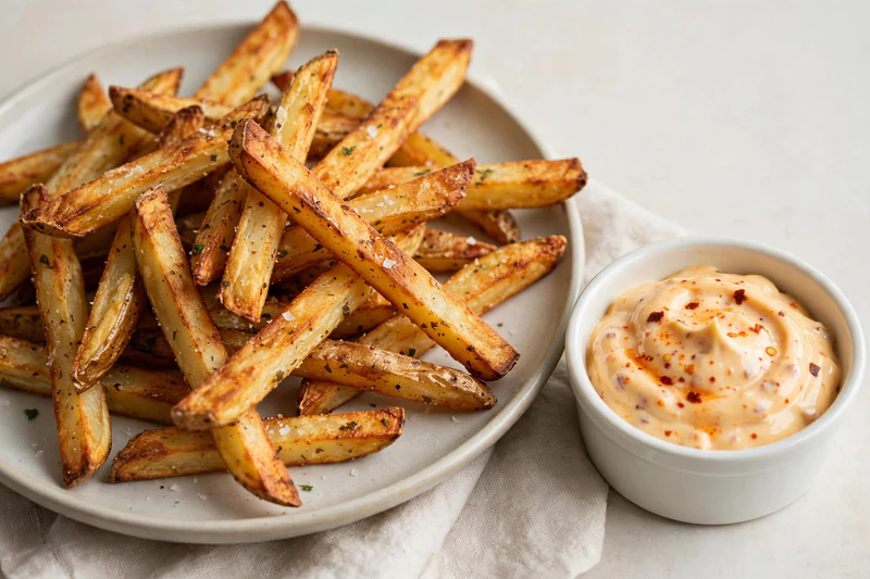 Frites maison au four, mayo épicée à l'érable