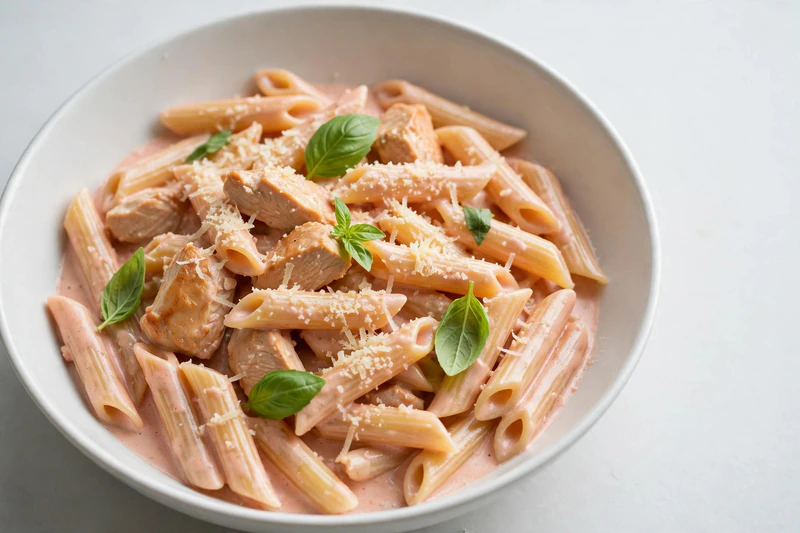 Pennes au poulet, sauce rosée