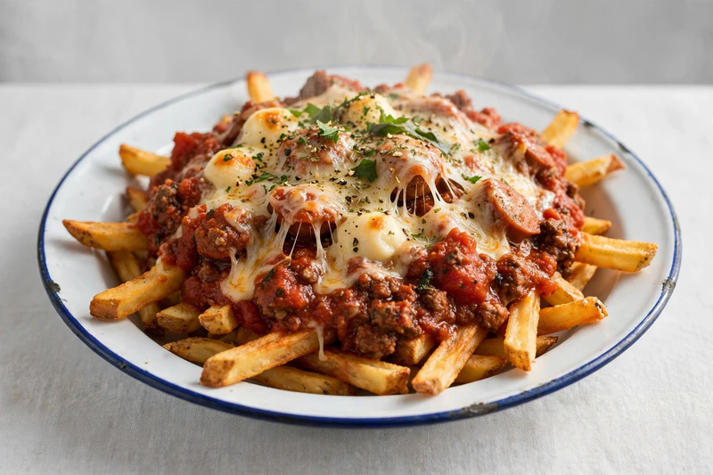 Poutine italienne à la sauce tomate et viande