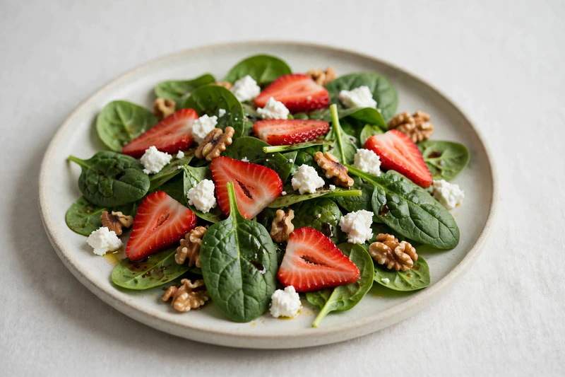 Salade d'épinards, fraises du Québec et noix
