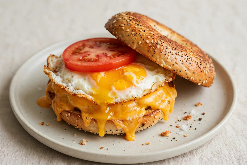 Sandwich déjeuner œuf et cheddar sur bagel