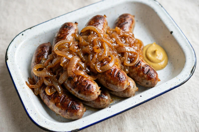Saucisses grillées aux oignons caramélisés