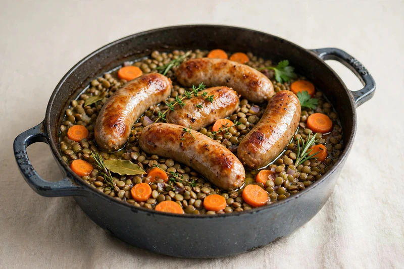 Saucisses mijotées aux lentilles vertes