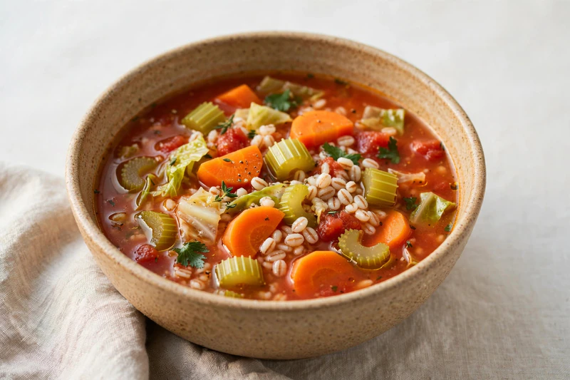 Soupe aux légumes du marché et à l'orge