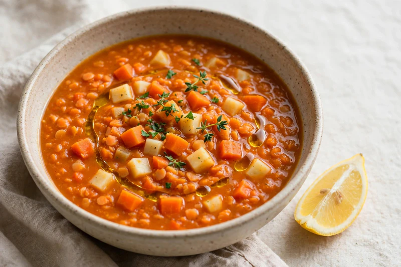 Soupe aux lentilles corail et légumes racines